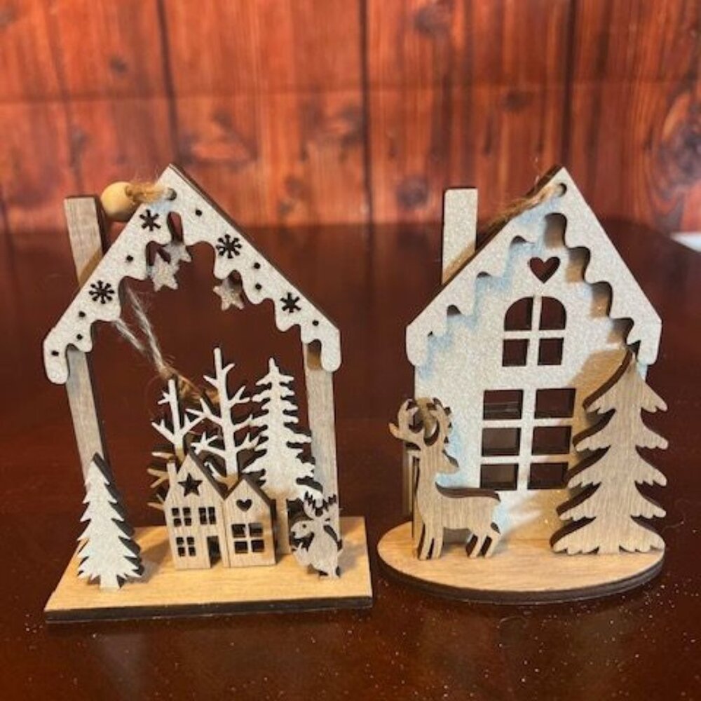 ornament Rustic Wood Christmas House Set‎ of 2 With Reindeer & Pine Trees